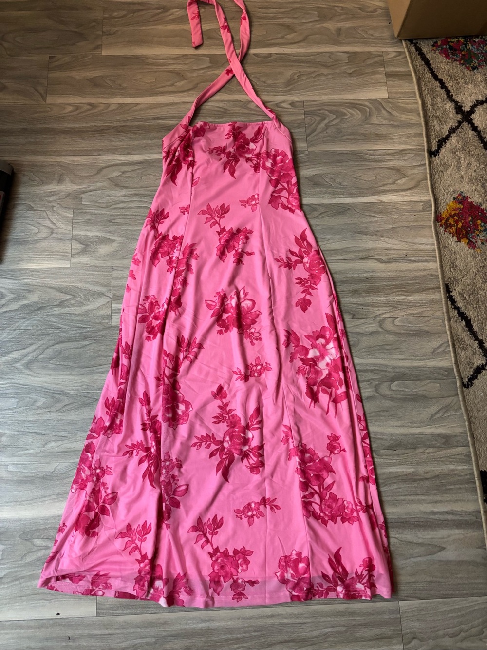 Bright Pink Floral Halter Maxi Dress